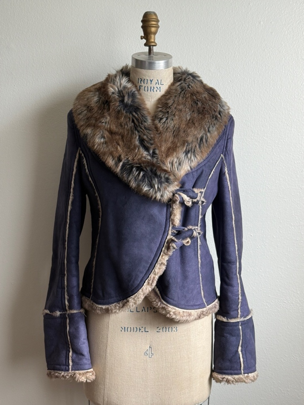 Vintage 90s Urban Miss Sixty Navy Faux Suede Jacket with Brown Faux Fur Collar